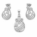 Silvme pure 925 sterling silver floral drop pendant and drop earrings set with cubic zirconia, front view on white background