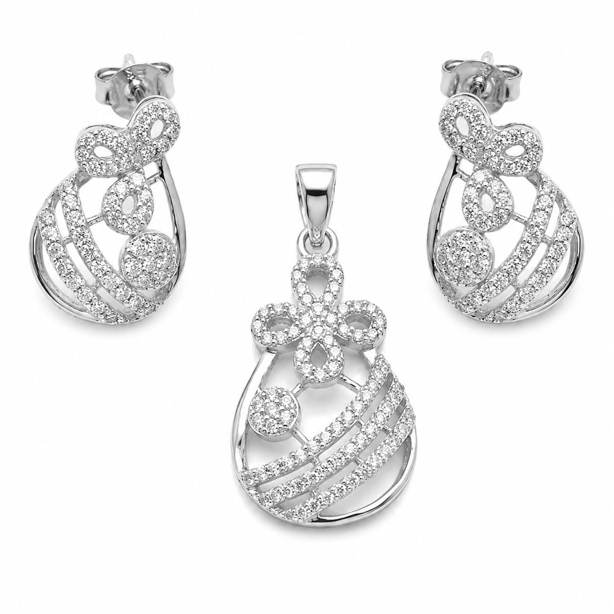 Silvme pure 925 sterling silver floral drop pendant and drop earrings set with cubic zirconia, front view on white background