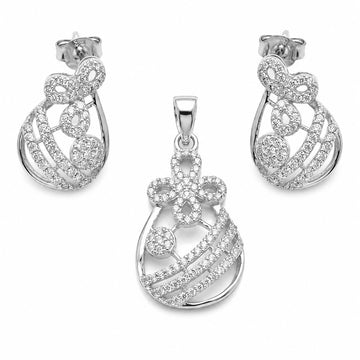 Silvme pure 925 sterling silver floral drop pendant and drop earrings set with cubic zirconia, front view on white background