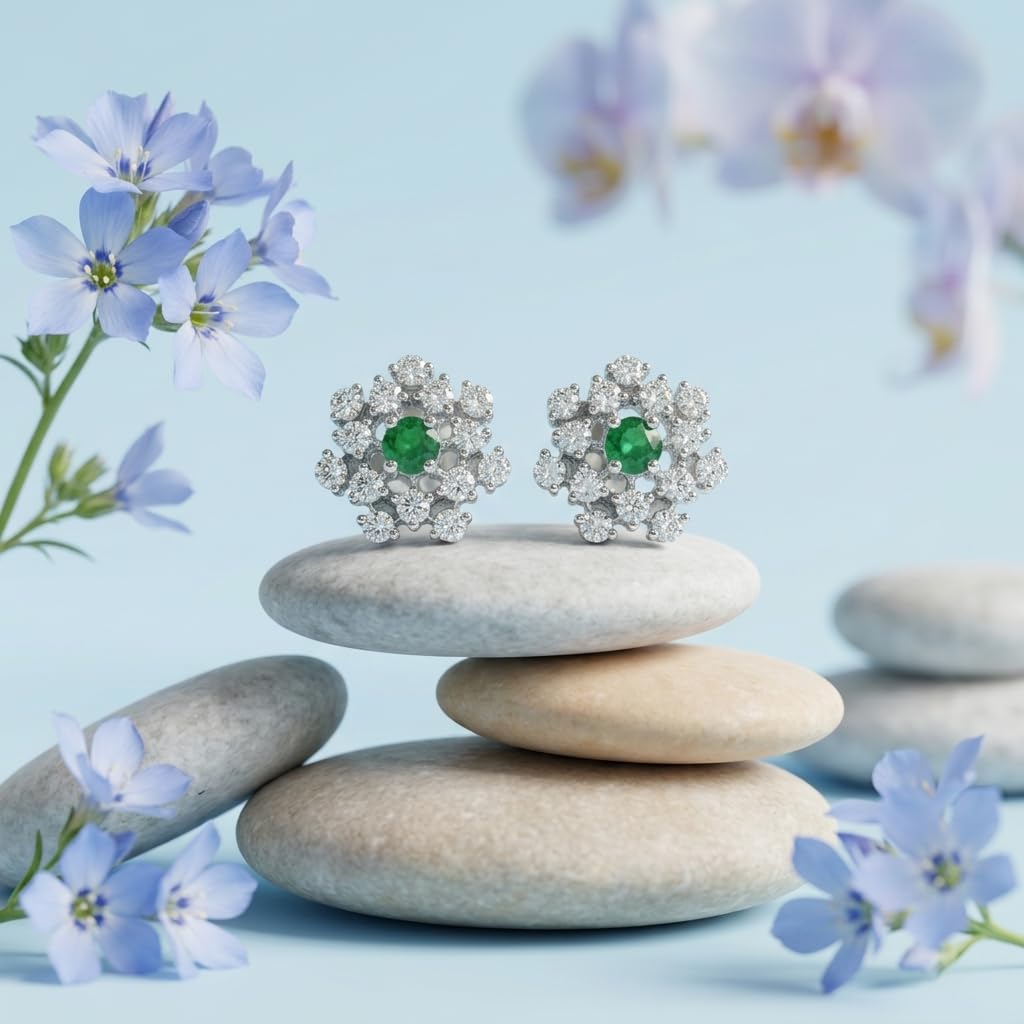 SILVME 925 Sterling Silver Green Floral Halo Stud Earrings