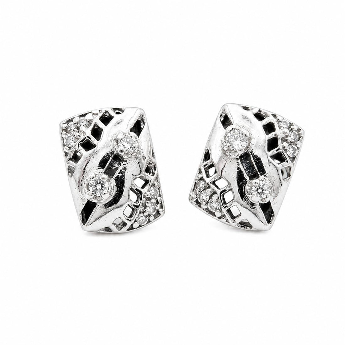 Oxidised Openwork Barrel 925 silver stud earrings for women, gift for sister, shown as a matching pair