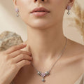 Geometric Pink 925 sterling silver pendant necklace and stud earrings jewellery set with pink cubic zirconia by Silvme â€” full necklace and earrings view