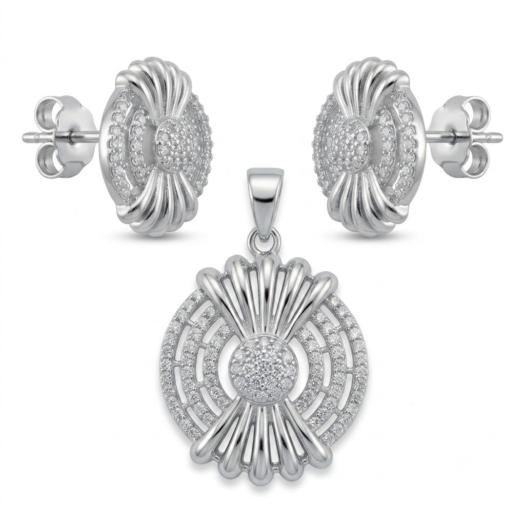 Silvme pure 925 sterling silver starburst medallion pendant and stud earrings set with cubic zirconia, front view on white background