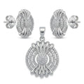 Silvme pure 925 sterling silver starburst medallion pendant and stud earrings set with cubic zirconia, front view on white background