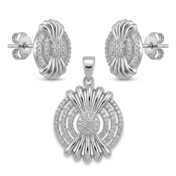 Silvme pure 925 sterling silver starburst medallion pendant and stud earrings set with cubic zirconia, front view on white background