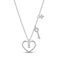 A silver necklace featuring a heart-shaped pendant with a keyhole in the center, a dangling key charm, and a small star-shaped accent, shown on a clean white background.