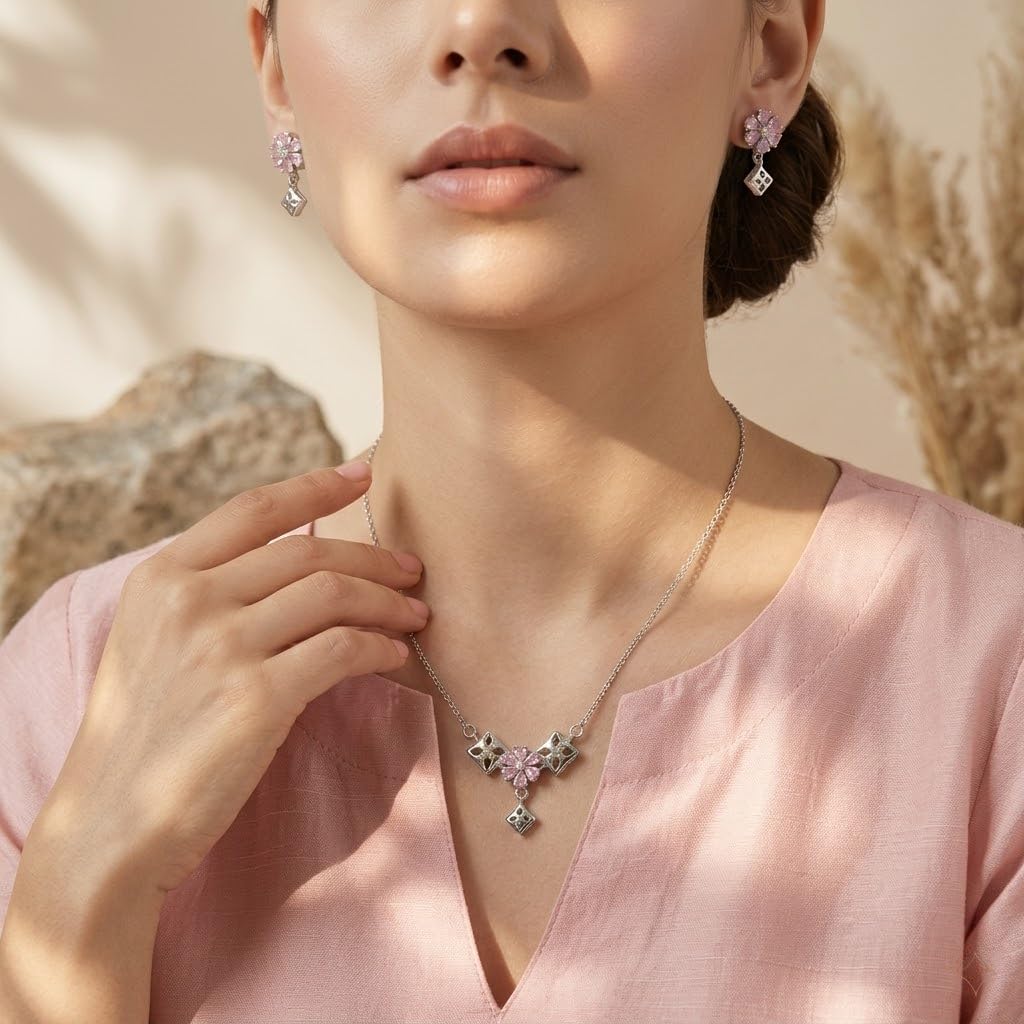Silvme 925 silver geometric pink pendant necklace and stud earrings with pink cubic zirconia, pendant close-up