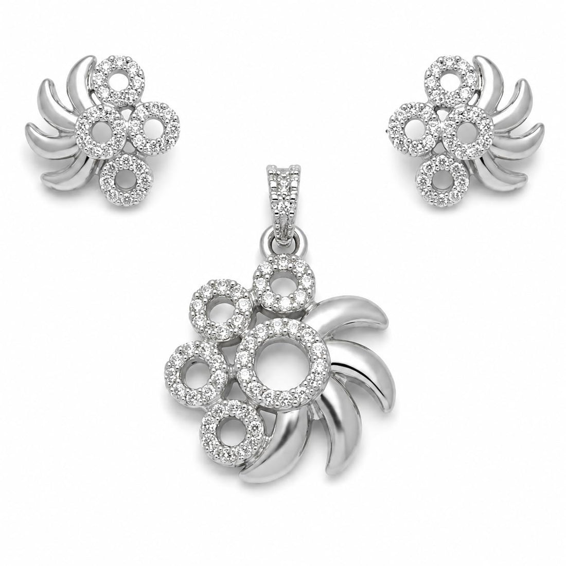Silvme pure 925 sterling silver pinwheel pendant and stud earrings set with cubic zirconia, styled product image
