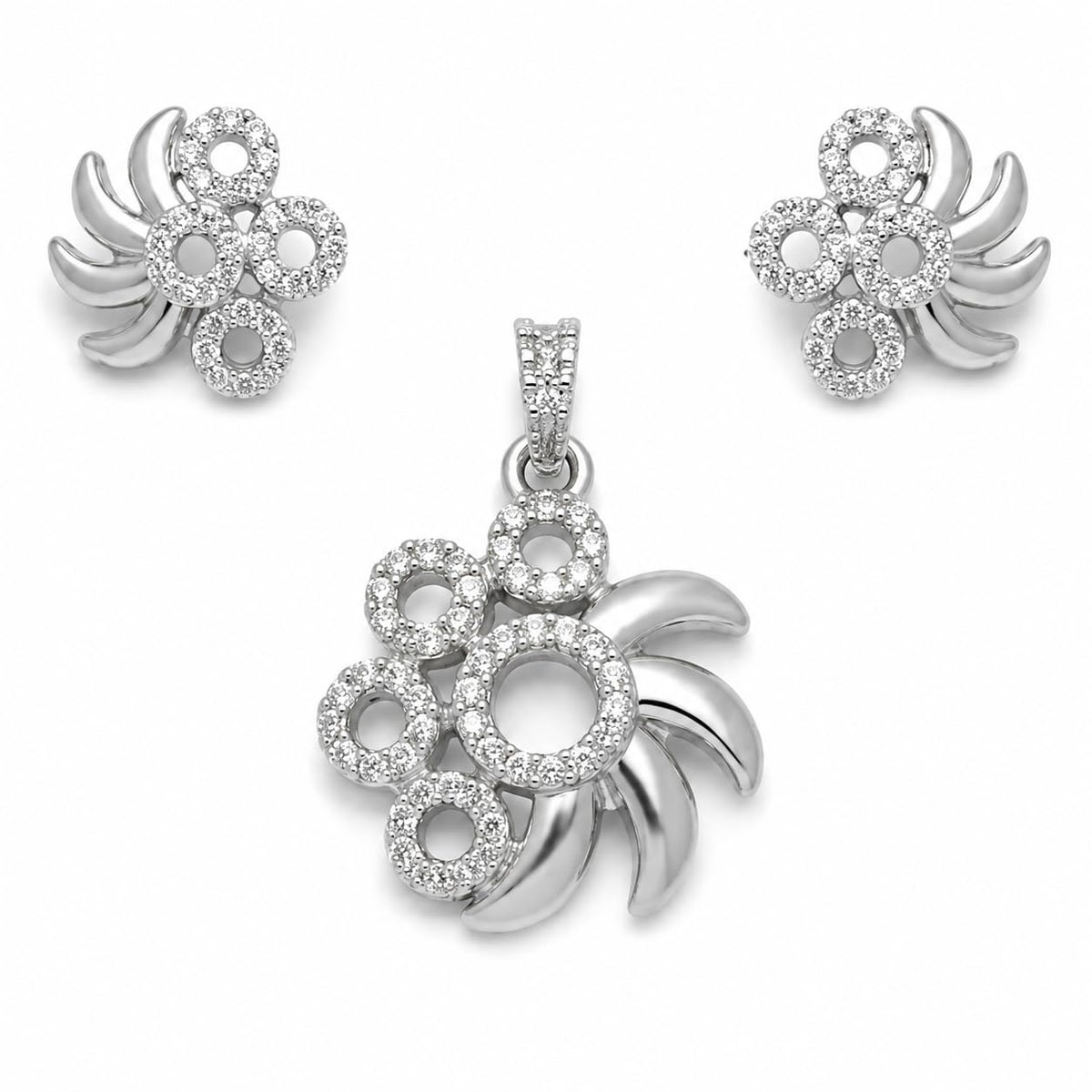 Silvme pure 925 sterling silver pinwheel pendant and stud earrings set with cubic zirconia, styled product image