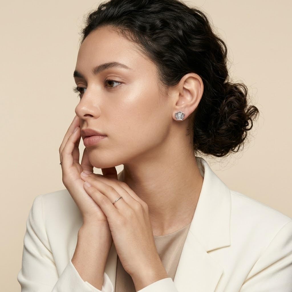 SILVME 925 Sterling Silver Crown-Shaped PavÃ© Stone-Set Stud Earrings