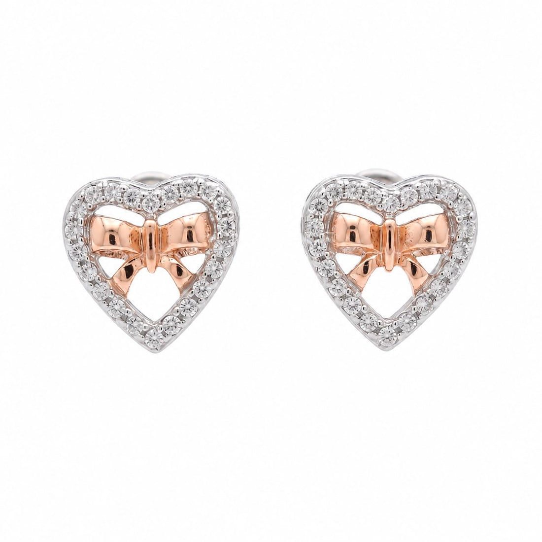 Heart & Bow 925 silver stud earrings for women, anniversary gift, shown as a matching pair