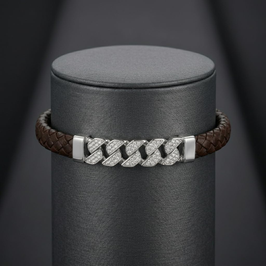 Full length of the braided cord bracelet with pave bar showing its brown cord with silver-tone fittings finish