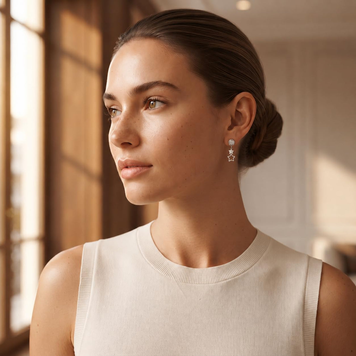 Double Star Drop 925 silver drop stud earrings for women, wedding wear, styled backdrop shot