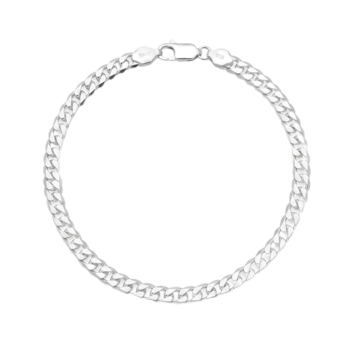 Full length of the heavy curb chain bracelet showing its polished silver-tone finish