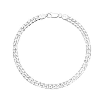Full length of the heavy curb chain bracelet showing its polished silver-tone finish