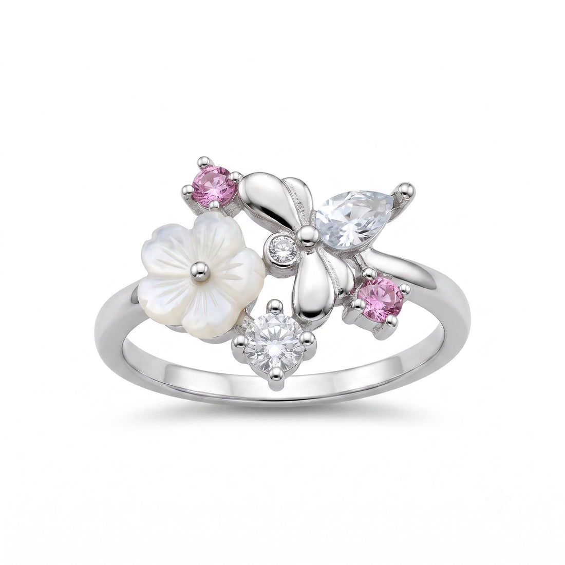 Silvme Bow Botanical Cluster 925 sterling silver ring for women with a pearl-effect accent — front view on white background