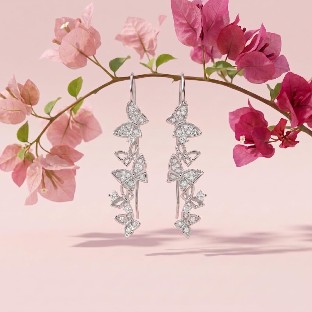 Stone-Set Butterfly Ear Crawler Climber Earrings, close-up detail