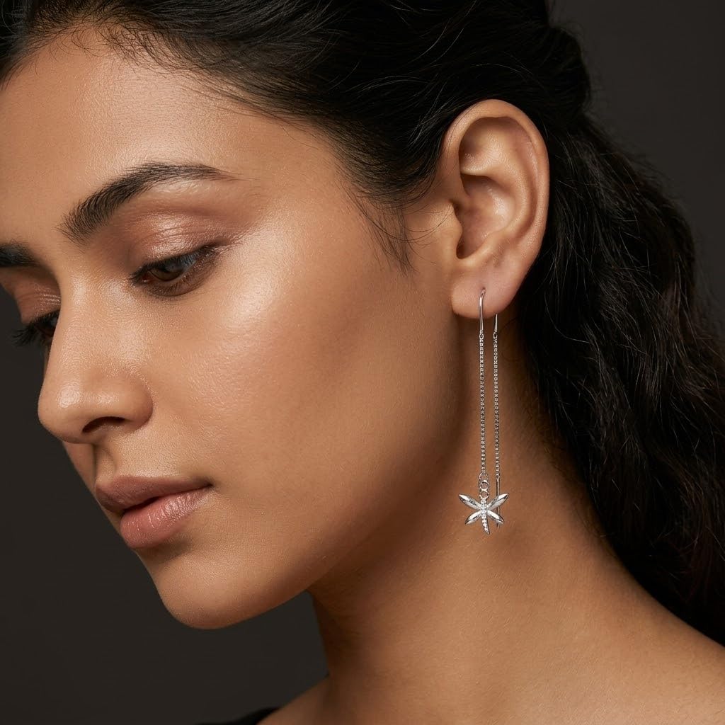 SILVME 925 Sterling Silver Dragonfly Charm Threader Earrings