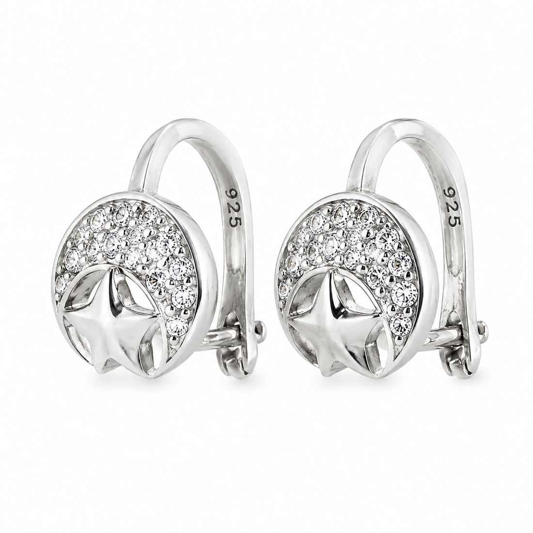 Silvme 925 Sterling Silver Moon & Star Drop Earrings with CZ for women - white-background product photo of silver drop earrings