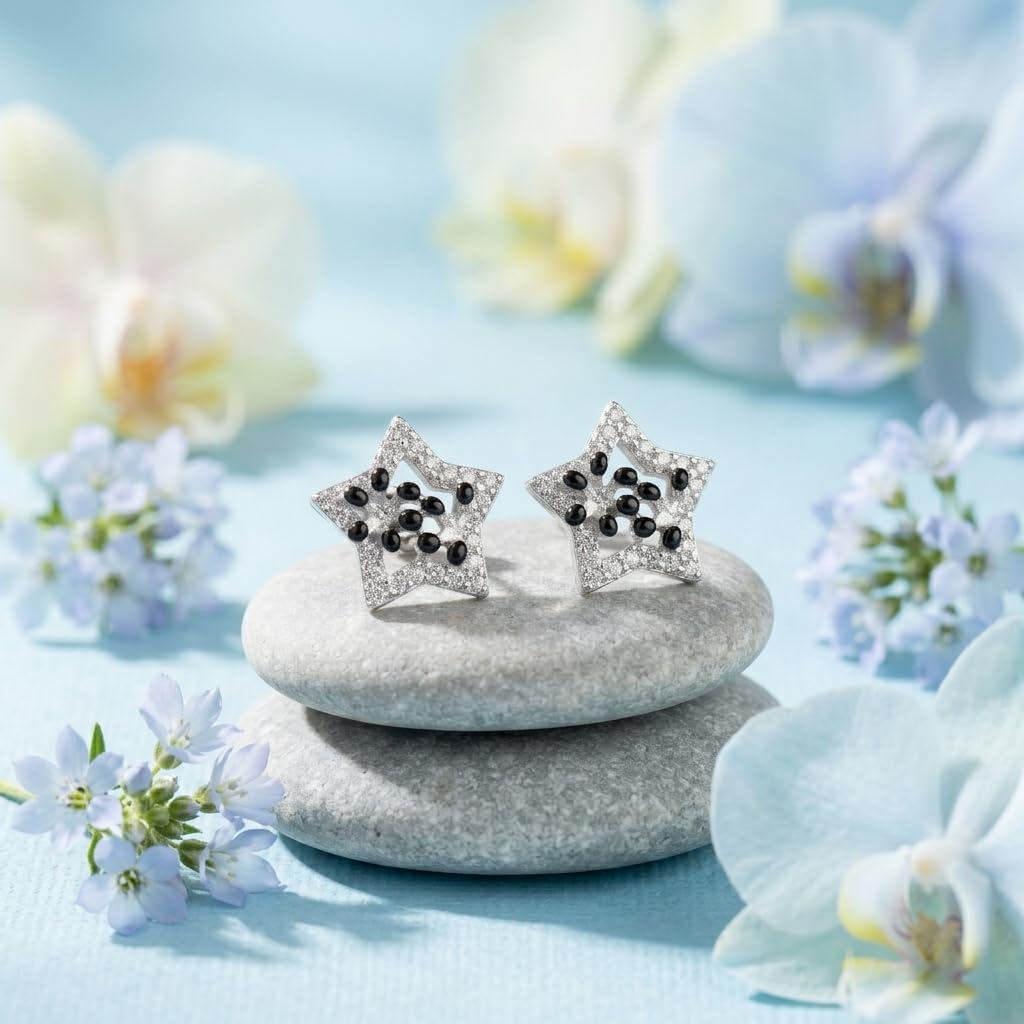 SILVME 925 Sterling Silver Black Star Stud Earrings