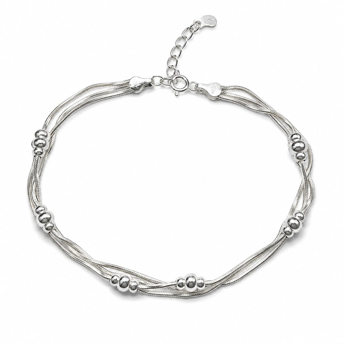 Silvme 925 sterling silver Triple-Strand Statement anklet, on a plain white background, full view