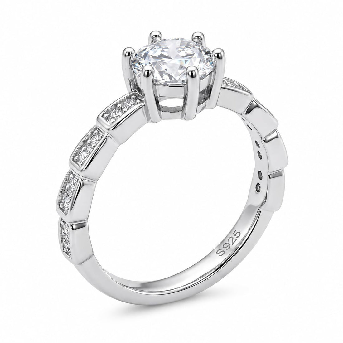 Silvme Six-Prong Geometric Solitaire 925 sterling silver ring for women — front view on white background