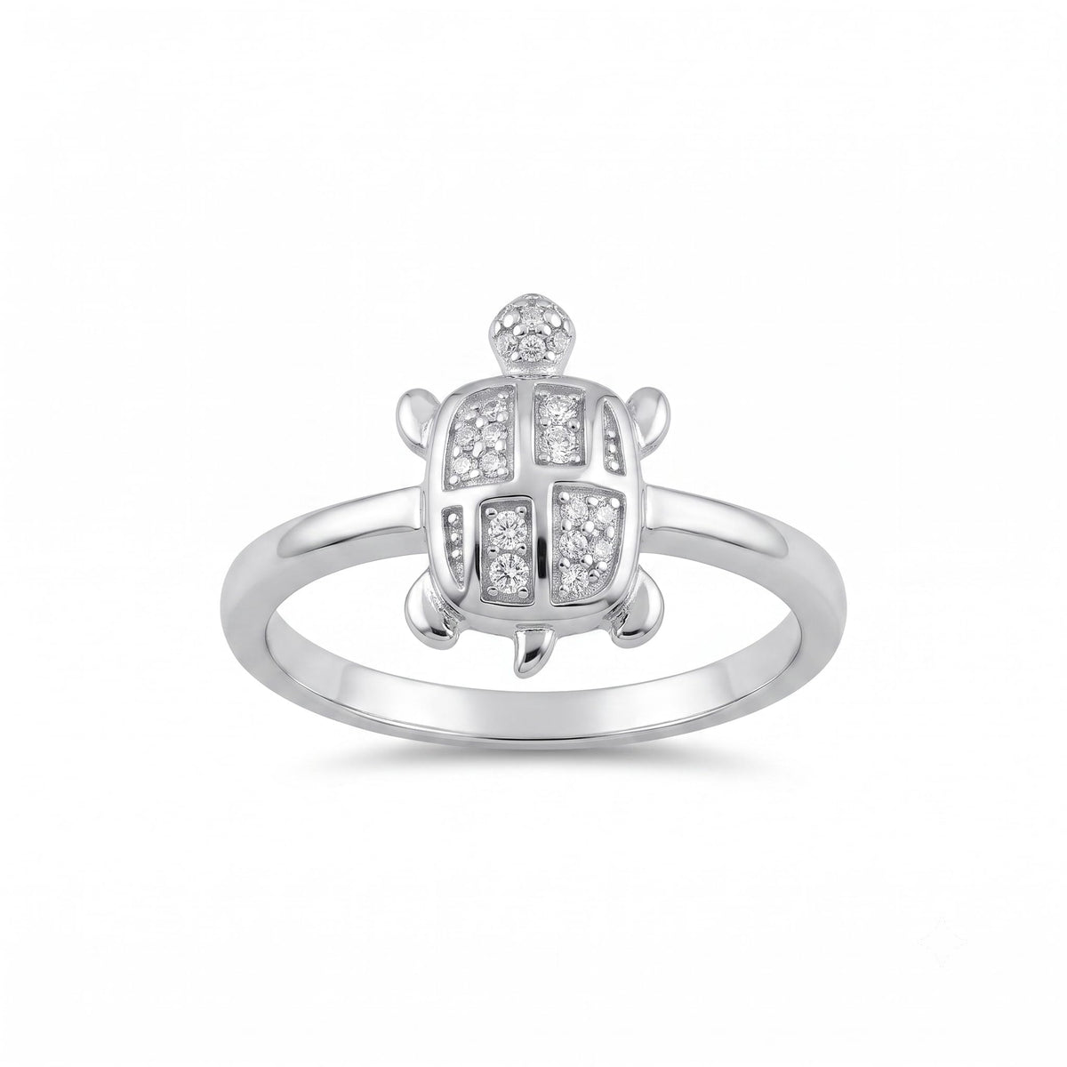 Silvme lucky turtle 925 sterling silver ring for women with pave turtle shell on a slim silver band