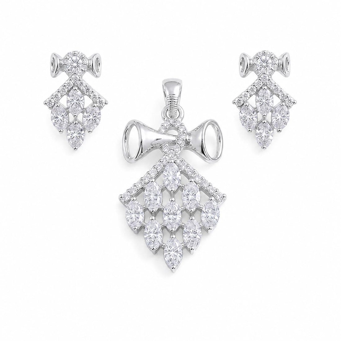 Silvme pure 925 sterling silver kite cluster pendant necklace and drop earrings set with cubic zirconia, styled setting image