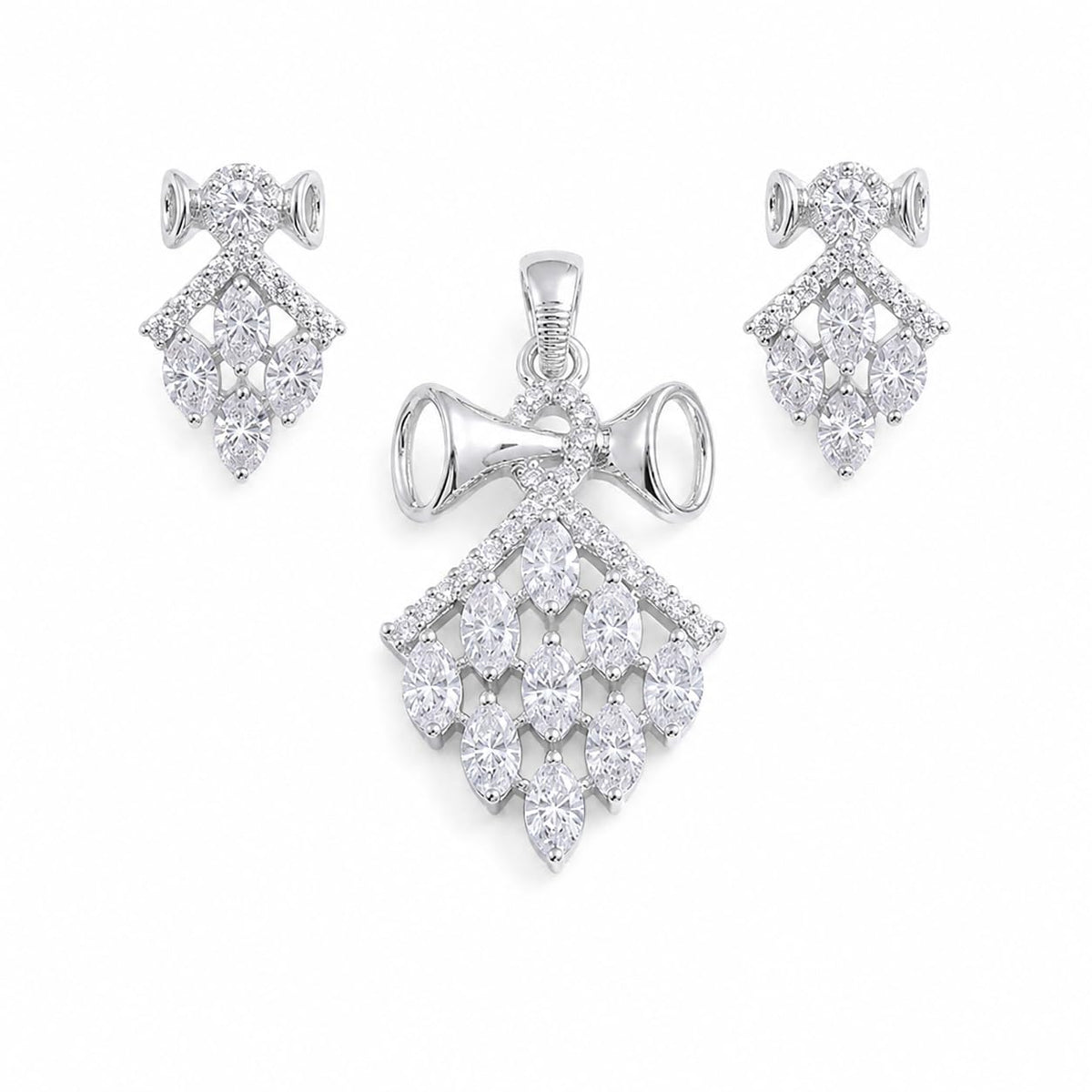 Silvme pure 925 sterling silver kite cluster pendant necklace and drop earrings set with cubic zirconia, styled setting image