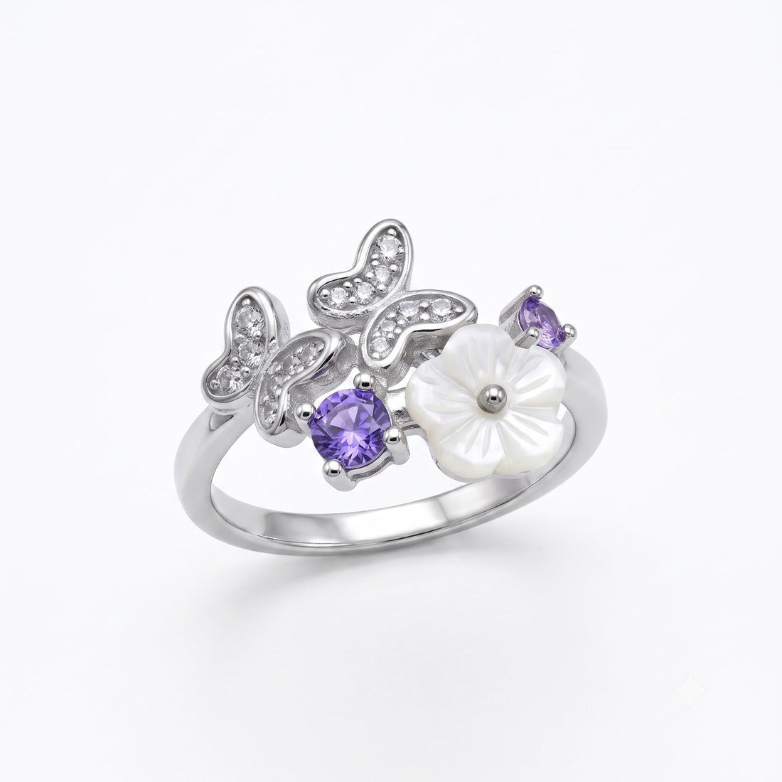 Silvme Butterfly Bloom Cluster 925 sterling silver ring for women with a pearl-effect accent — front view on white background