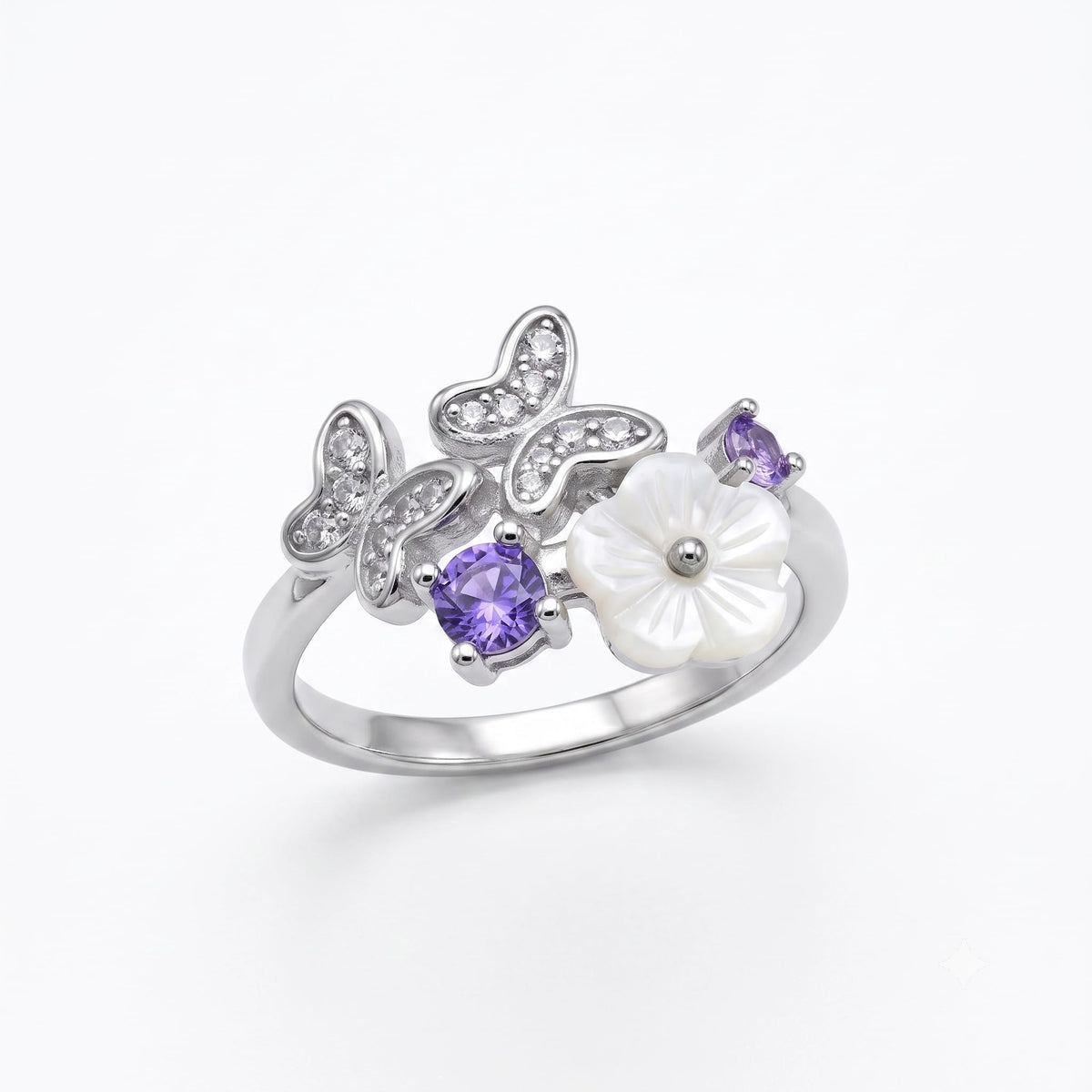 Silvme Butterfly Bloom Cluster 925 sterling silver ring for women with a pearl-effect accent — front view on white background