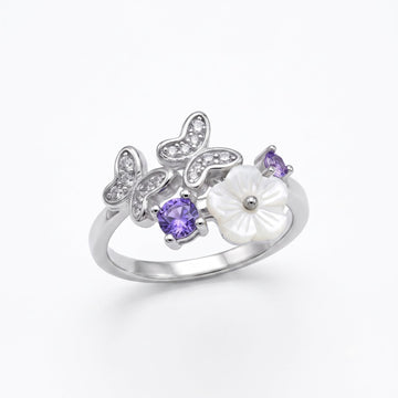 Silvme Butterfly Bloom Cluster 925 sterling silver ring for women with a pearl-effect accent — front view on white background