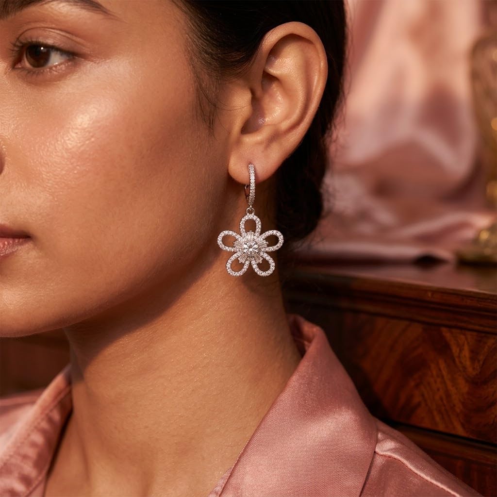 Silvme 925 Sterling Silver CZ Flower Drop Earrings for women - white-background product photo of silver drop earrings