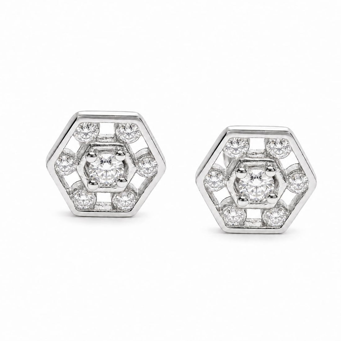 Hexagonal 925 silver stud earrings for women, office wear gift, shown as a matching pair