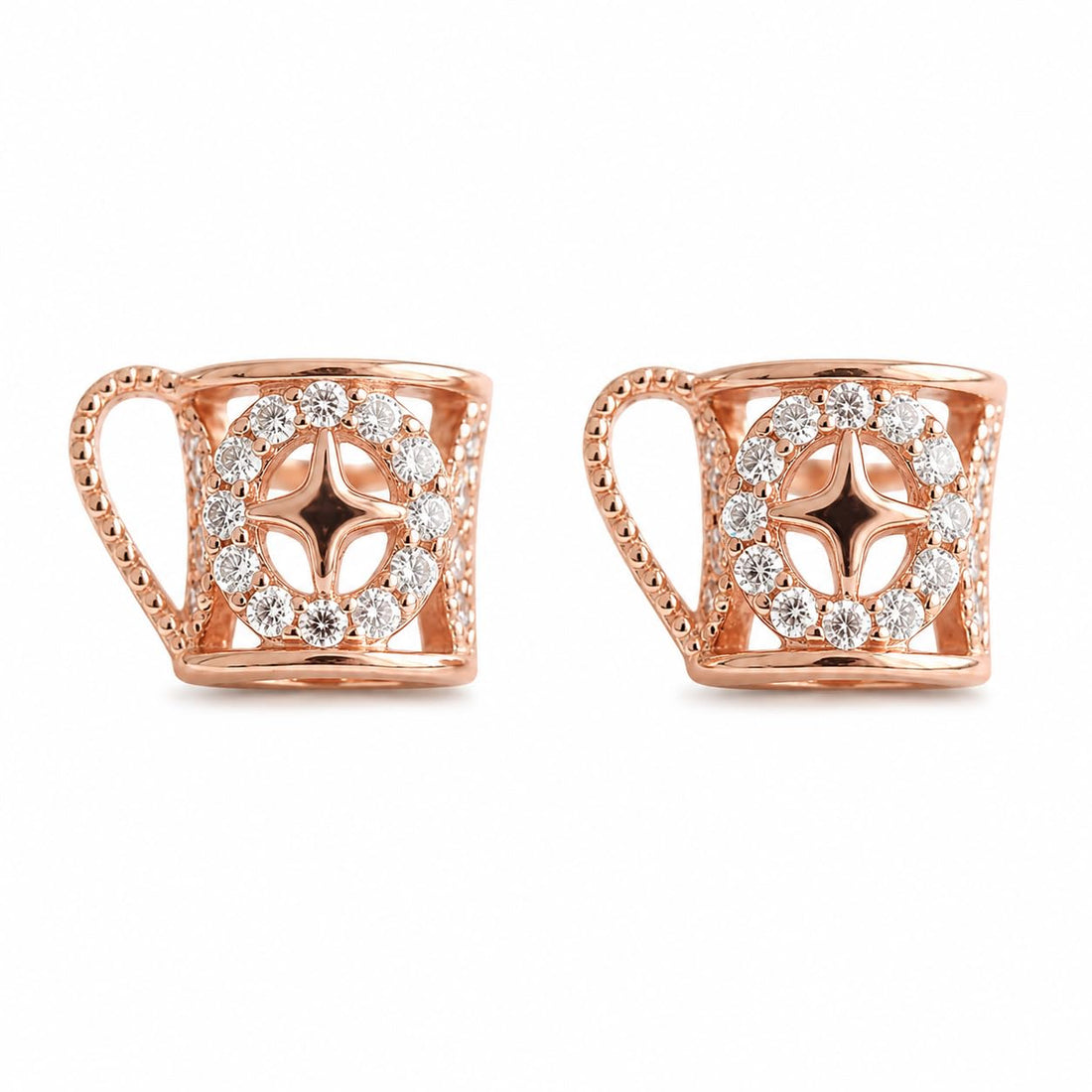 Openwork Mug Charm 925 silver stud earrings for women, birthday gift, shown as a matching pair