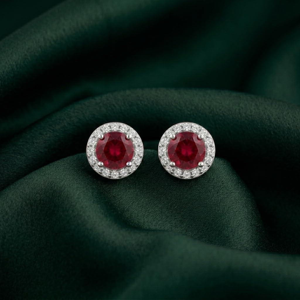 Red Round Halo Stud Earrings, front product view