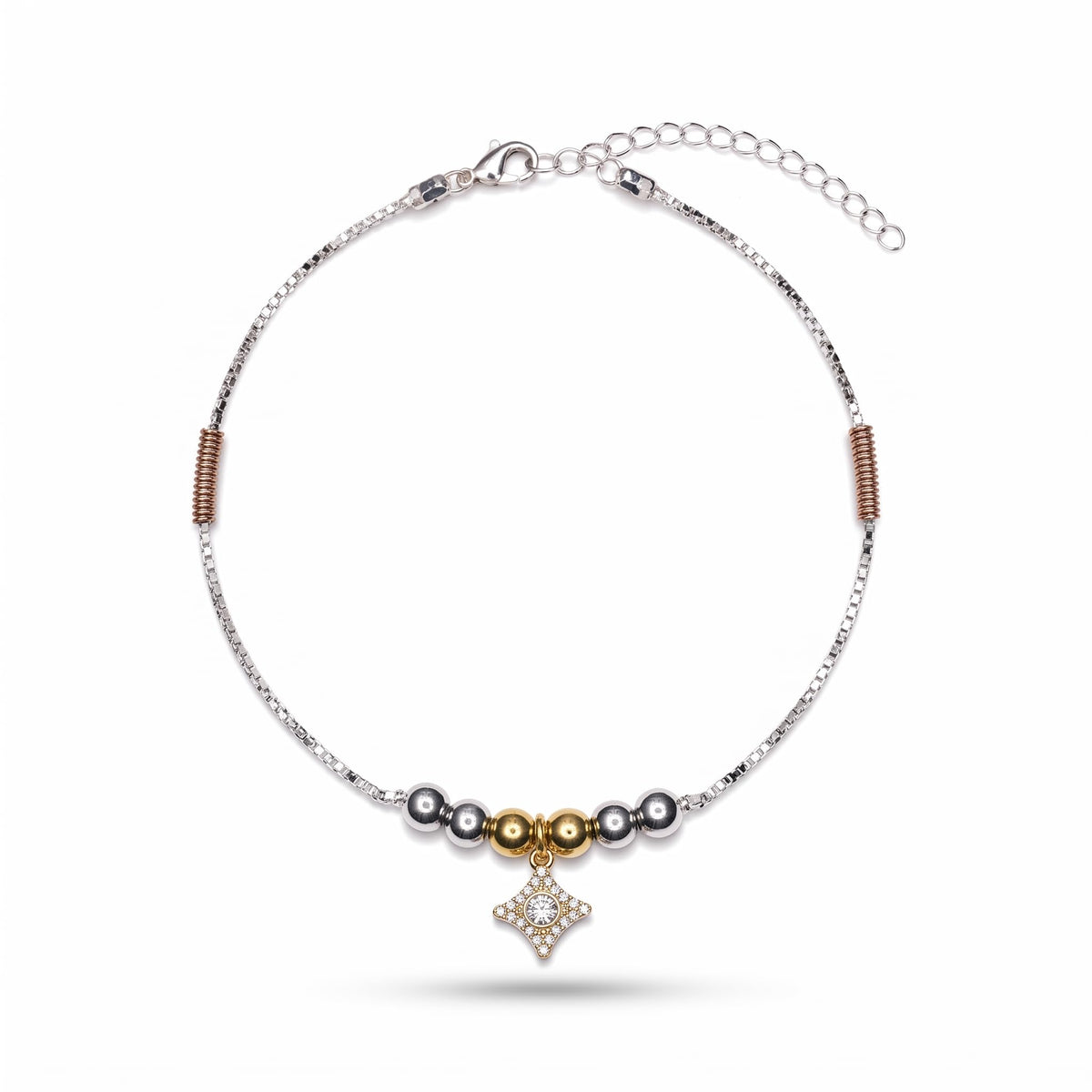 Clasp and adjustable extension-chain detail of the Silvme tri-tone bead & rose-gold CZ charm silver anklet