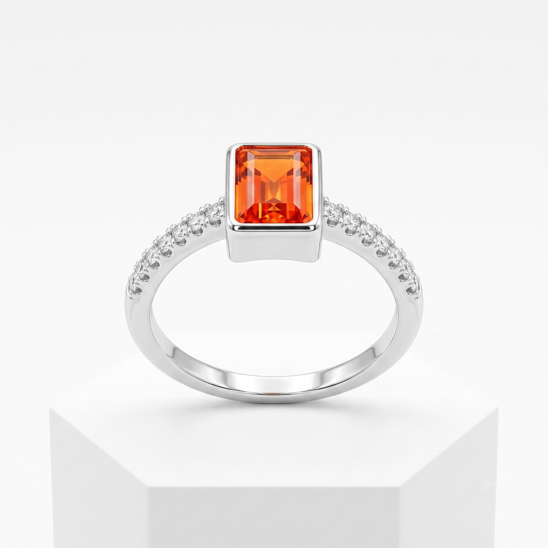Silvme Emerald-Cut Orange 925 sterling silver ring for women set with cubic zirconia — front view on white background