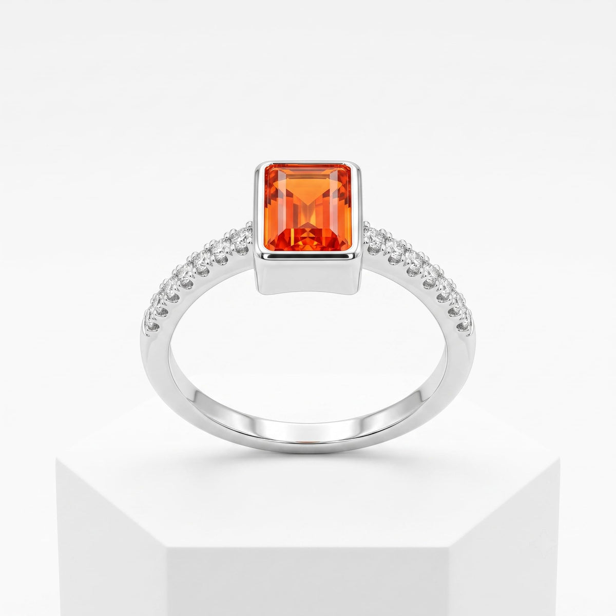 Silvme Emerald-Cut Orange 925 sterling silver ring for women set with cubic zirconia — front view on white background