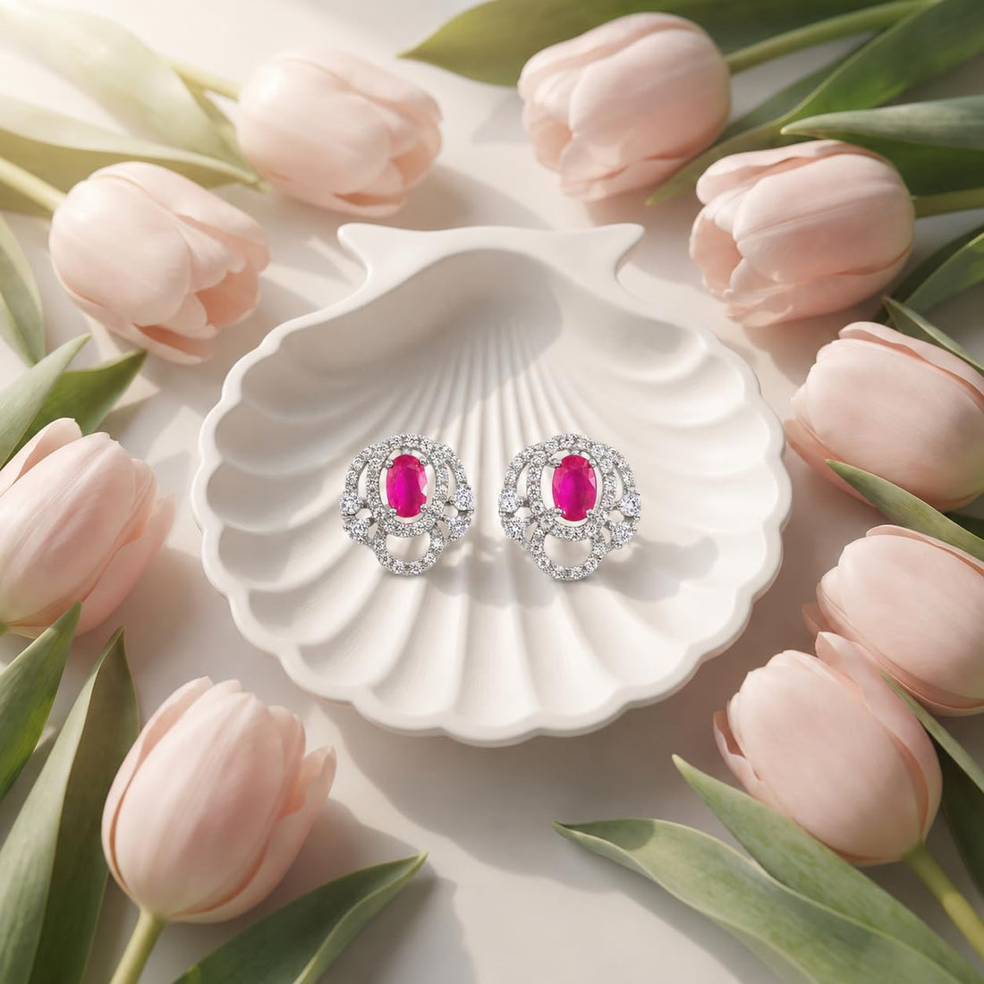 Pink Oval Floral 925 silver stud earrings for women, birthday gift, shown as a matching pair
