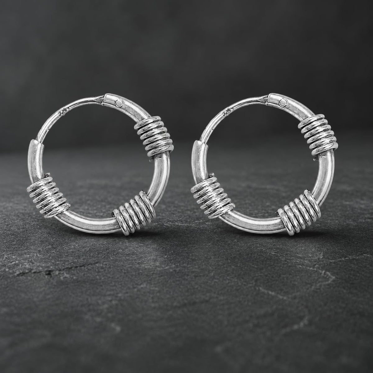 Silvme Balinese Coil Bali Hoop Earrings design detail - 925 sterling silver bali hoop earrings with polished silver finish