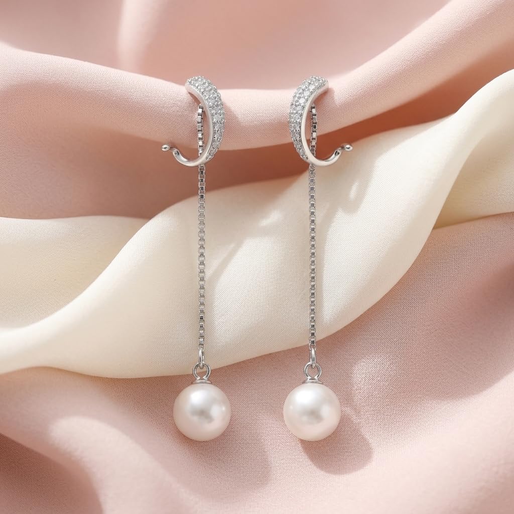 SILVME 925 Sterling Silver Green-Accent Curved Pearl-Look Accent Drop Earrings