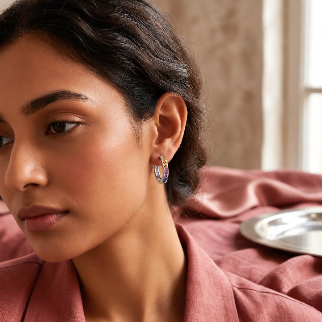 Silvme 925 Sterling Silver Rainbow CZ Hoop Earrings for women - white-background product photo of silver bali hoop earrings