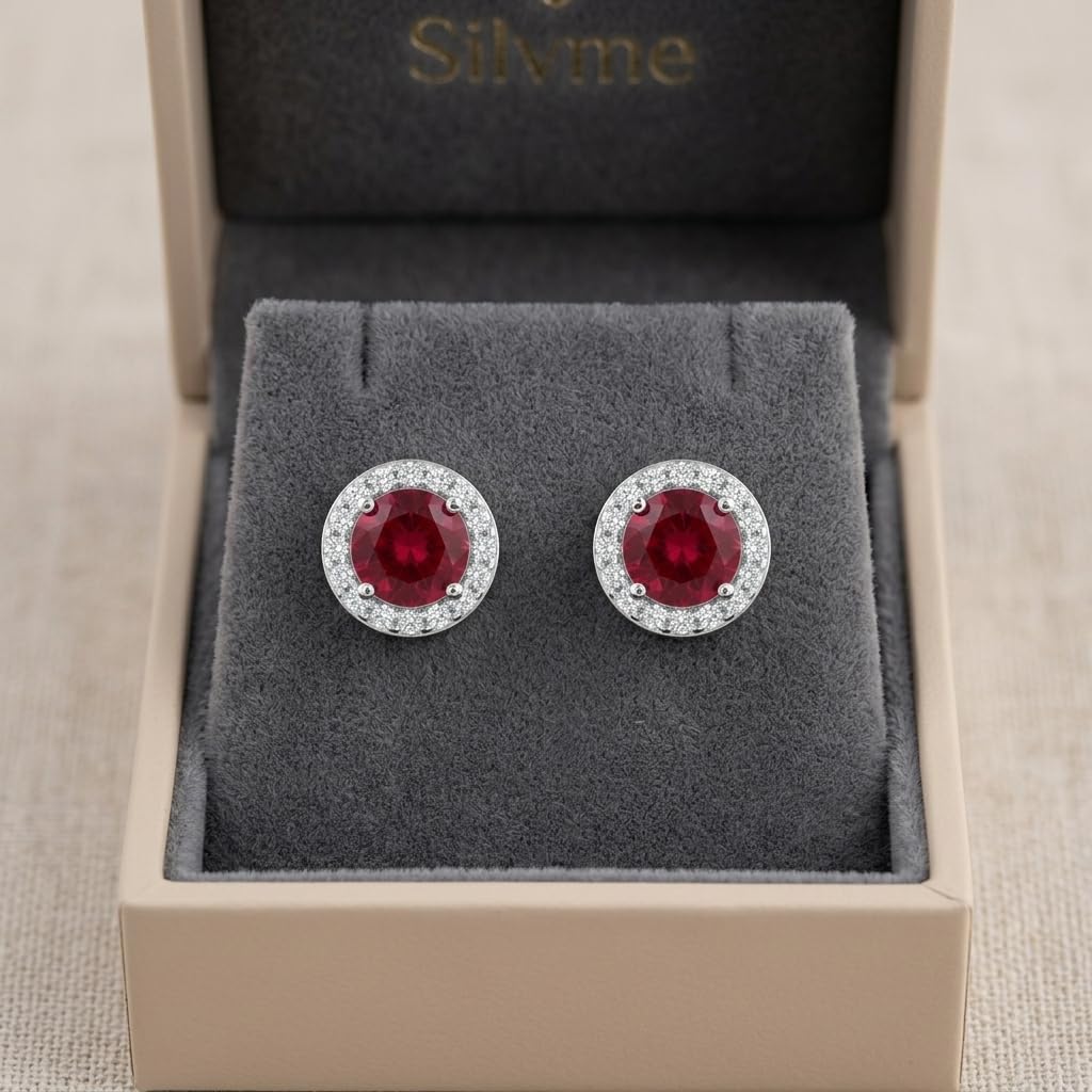 Red Round Halo Stud Earrings, additional product view 5