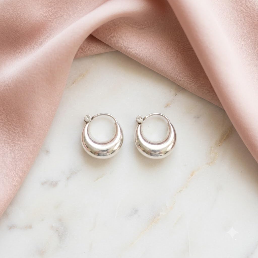 Silvme 925 Sterling Silver Chunky Round Hoop Earrings for women - white-background product photo of silver bali hoop earrings