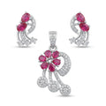 Silvme pure 925 sterling silver red floral pendant and drop earrings set with red cubic zirconia, front view on white background