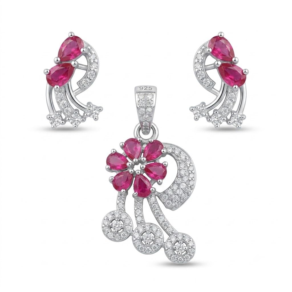 Silvme pure 925 sterling silver red floral pendant and drop earrings set with red cubic zirconia, front view on white background