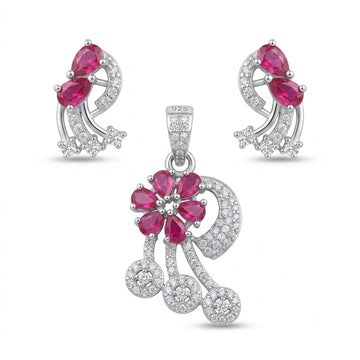 Silvme pure 925 sterling silver red floral pendant and drop earrings set with red cubic zirconia, front view on white background