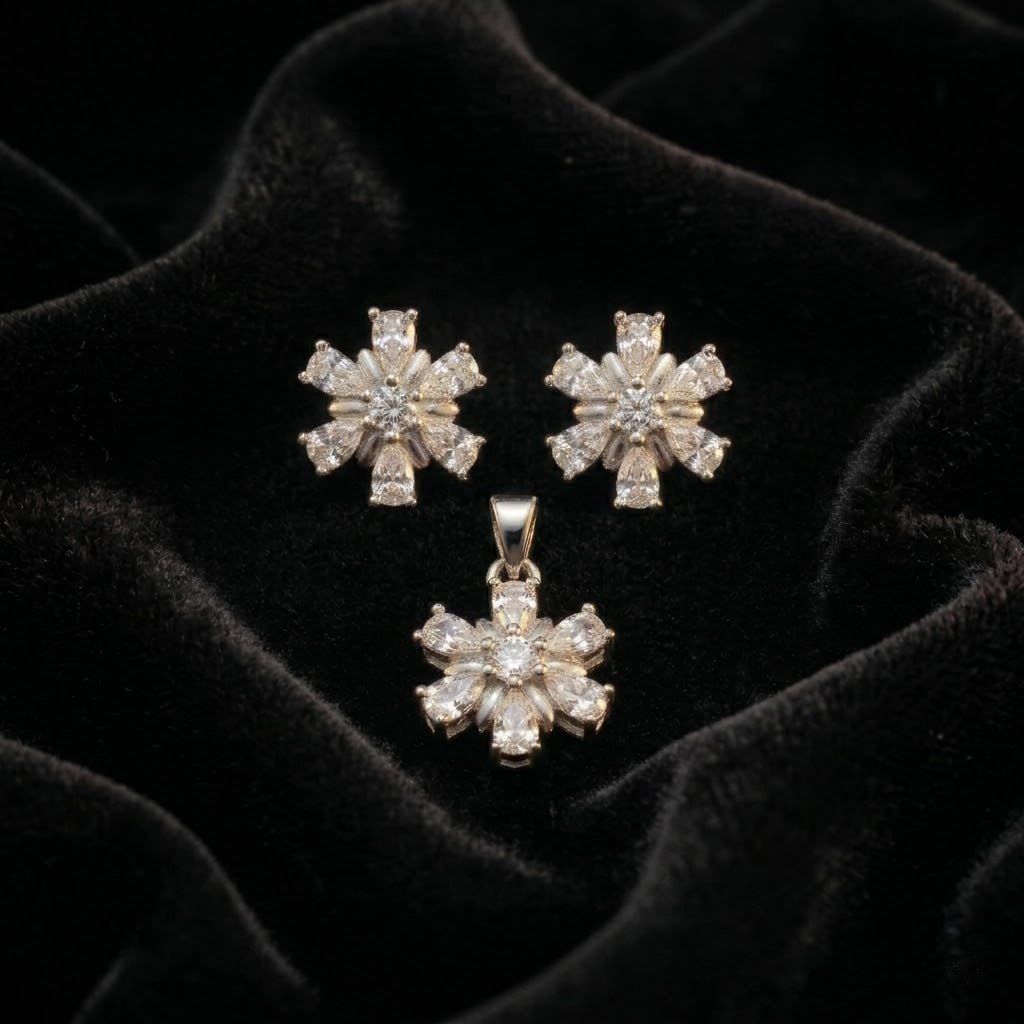 Silvme 925 silver snowflake pendant and stud earrings with cubic zirconia, close-up detail