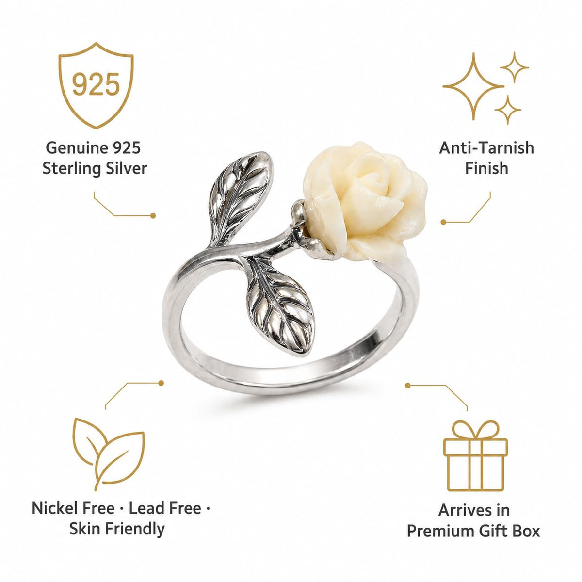 Silvme Pure 925 Sterling Silver Carved Rose Botanical Ring for Women | Sculpted Floral Grace
